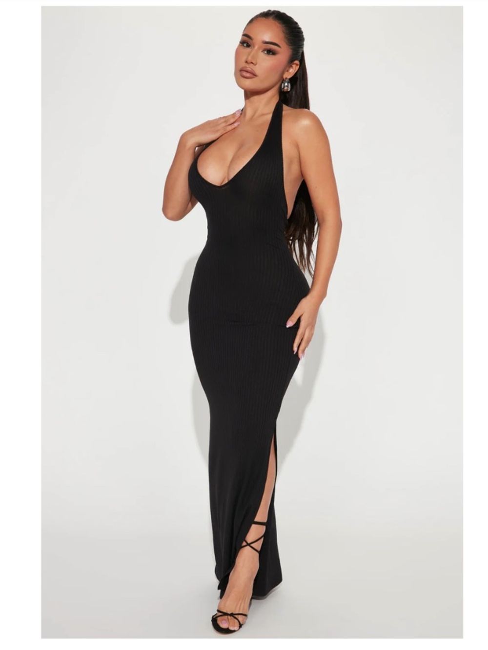 FASHION NOVA Hallie Ribbed Halter Maxi Dress Black Size M